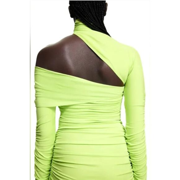 Mugler H&M One Shoulder Ruched Mini Dress Women’s M Neon Green NEW Runway Collab - Picture 3 of 16